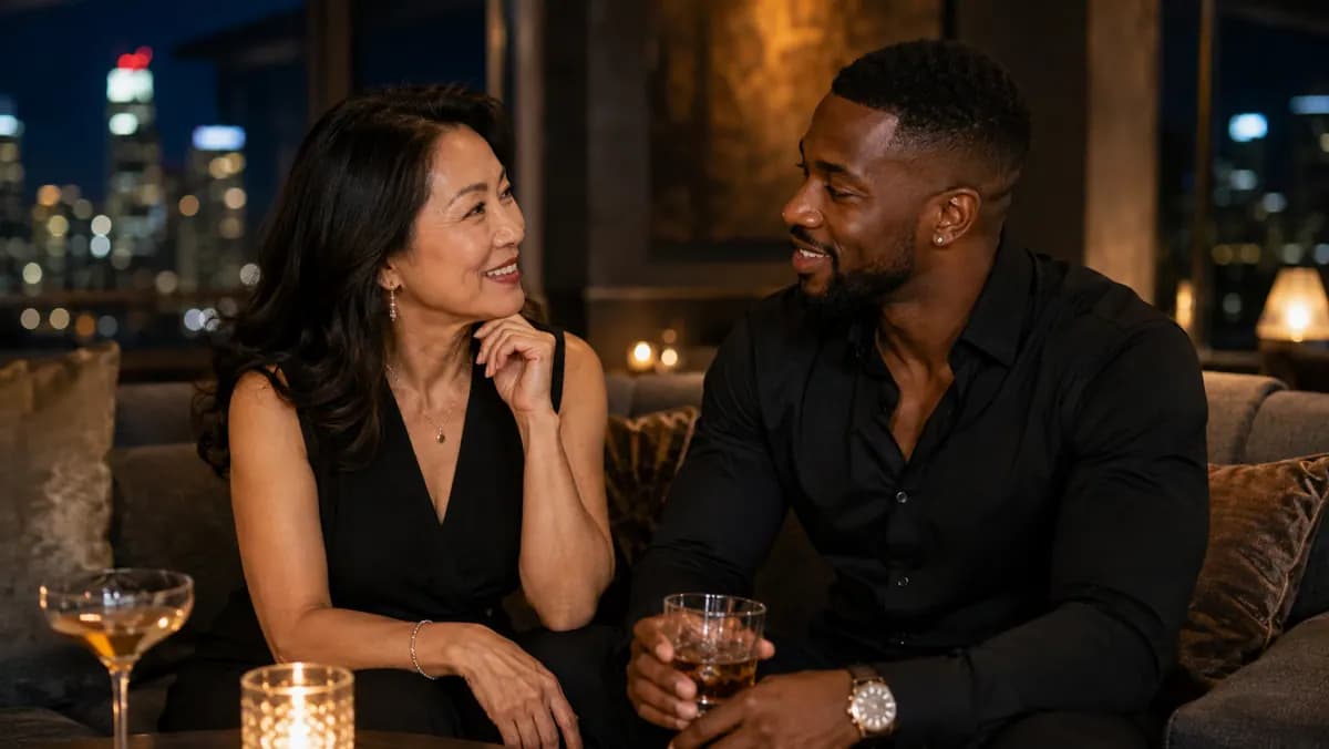 Asian woman over 50 having a respectful conversation with a confident younger man