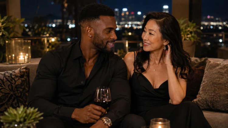 Asian women 45 and older in a South Bay Los Angeles setting with a confident fit Black man