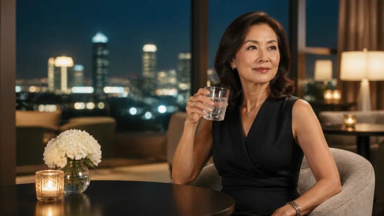 Independent Asian woman over 50 in a discreet Los Angeles lounge setting