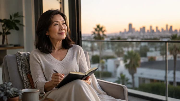 Confident Asian woman over 50 reflecting on dating and privacy in Los Angeles