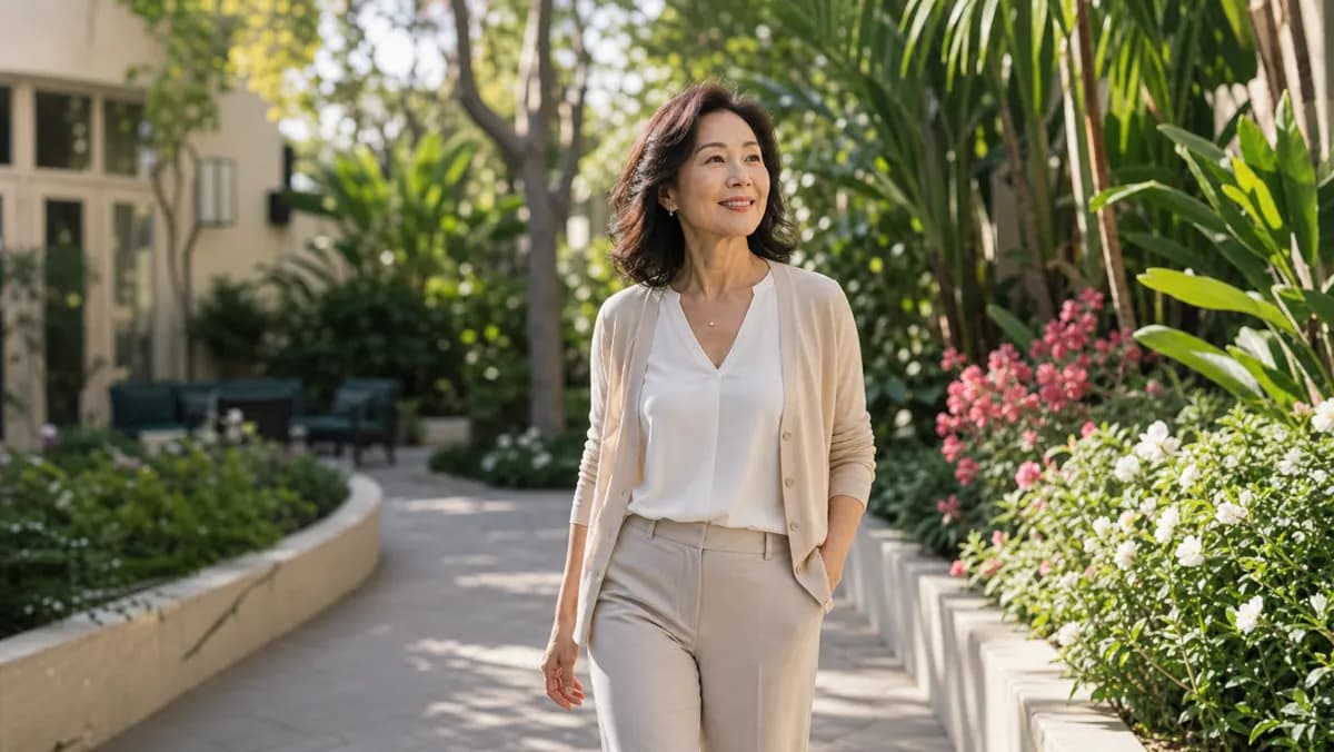 Asian woman over 50 walking confidently after divorce in Los Angeles