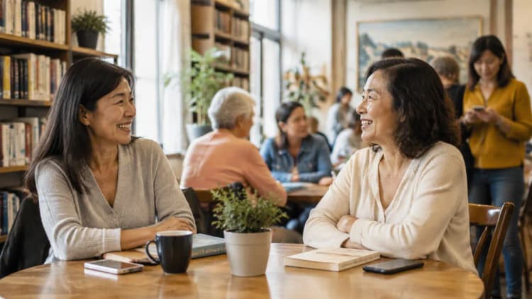 Asian women over 50 meeting offline at a Los Angeles bookstore cafe