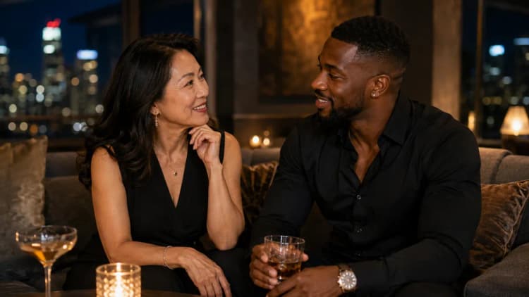 Asian woman over 50 having a respectful conversation with a confident younger man