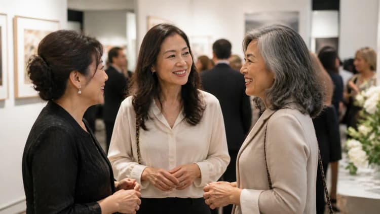 Asian women over 50 meeting new people at a Los Angeles cultural event
