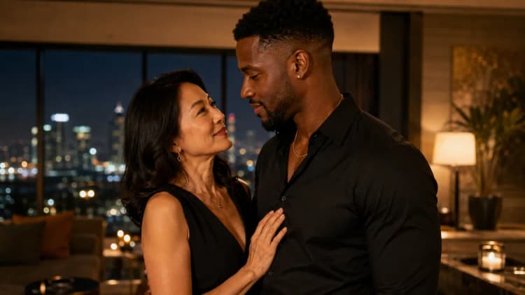 Asian woman 45 and older in respectful conversation with a confident fit Black man in Los Angeles