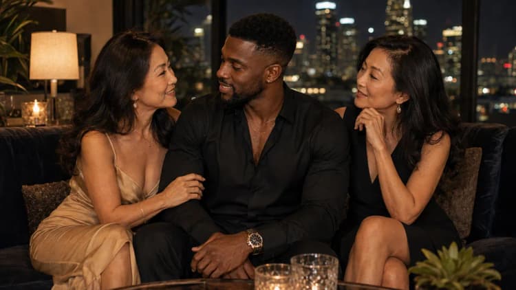 Older Asian women in a discreet Los Angeles lounge with a confident fit Black male host