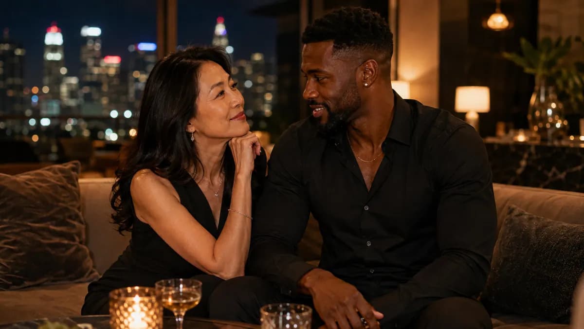 Older Asian woman in a discreet Los Angeles lounge with a confident younger Black man